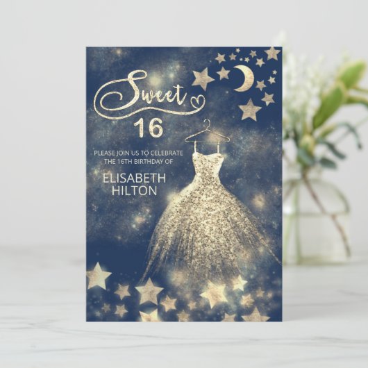 Himmelsmond und Sternenkalligraphie 16 . Geburtsta Einladung (Stehend Vorderseite)