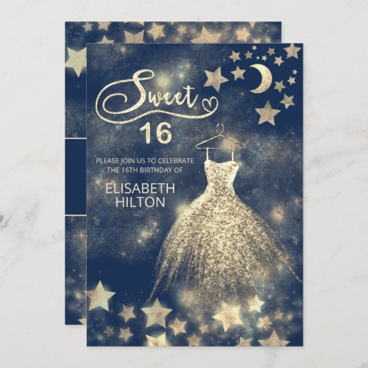 Himmelsmond und Sternenkalligraphie 16 . Geburtsta Einladung (Vorne/Hinten)