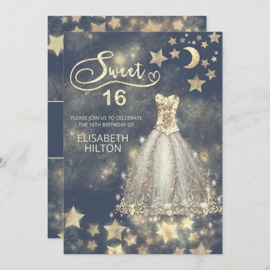 Himmelsmond und Sternenkalligraphie 16 . Geburtsta Einladung (Vorne/Hinten)