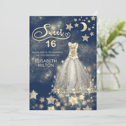 Himmelsmond und Sternenkalligraphie 16 . Geburtsta Einladung (Stehend Vorderseite)