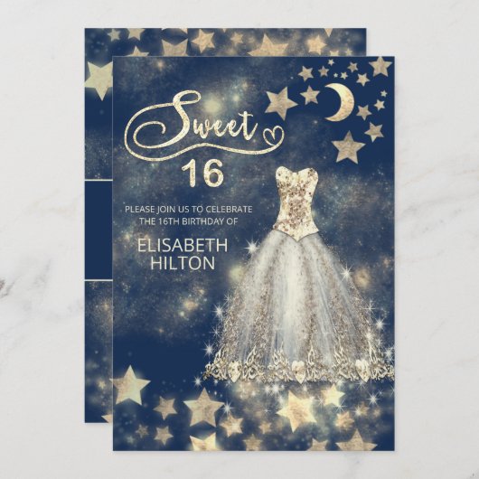 Himmelsmond und Sternenkalligraphie 16 . Geburtsta Einladung (Vorne/Hinten)