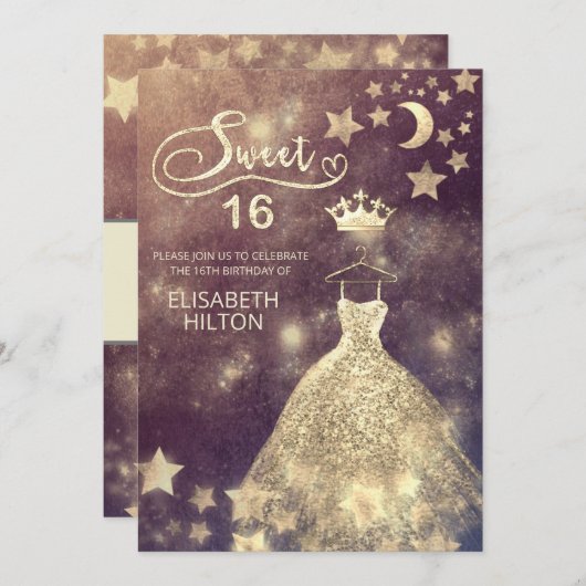 Himmelsmond und Sternenkalligraphie 16 . Geburtsta Einladung (Vorne/Hinten)