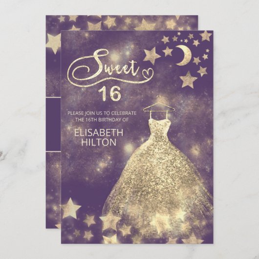 Himmelsmond und Sternenkalligraphie 16 . Geburtsta Einladung (Vorne/Hinten)