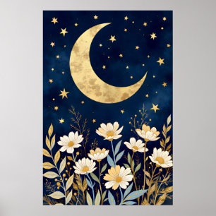 Himmelsmond und Wildblumen Poster