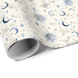 Himmelsmonde und Sternenwelkepapier Navy/Creme Geschenkpapier