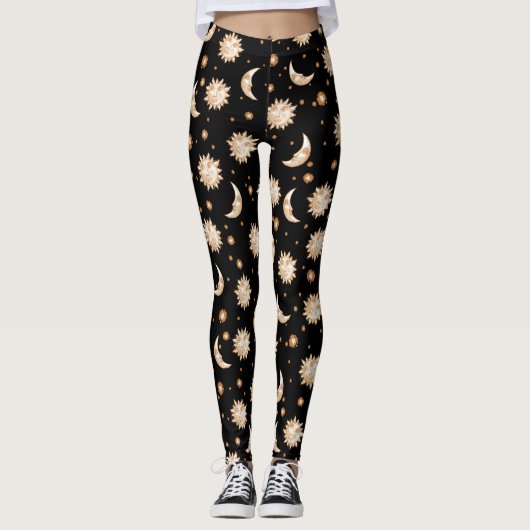Himmelssonne und Mond-Gold-Schwarz-Muster Leggings (Vorderseite)