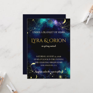 Himmelssterne Navy Teal Gold Galaxie Hochzeit Einladung
