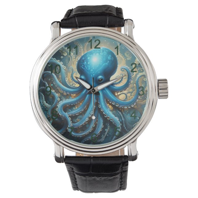Himmelswellen: Das blaue Octopus-Fraktal Kunst Armbanduhr (Vorderseite)