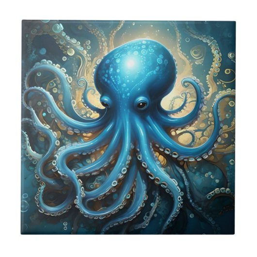 Himmelswellen: Das blaue Octopus-Fraktal Kunst Fliese (Vorderseite)