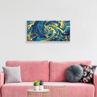 himmering Gold & Deep Sea Blue Fluid Acrylic Abstr Leinwanddruck