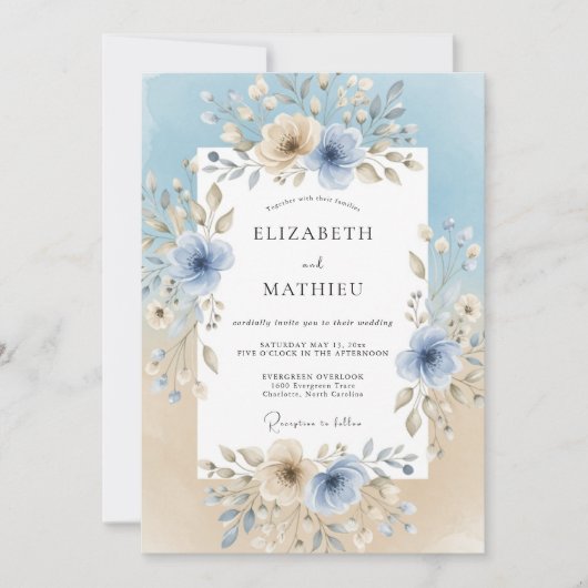 Himmlisch blaue Blumenhochzeit Einladung (Vorderseite)
