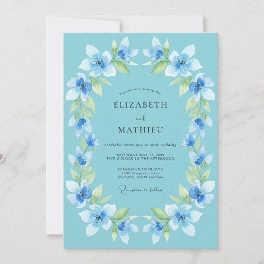 Himmlisch blaue Blumenlorbeer-Hochzeit Einladung (Vorderseite)