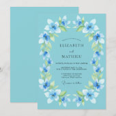 Himmlisch blaue Blumenlorbeer-Hochzeit Einladung (Vorne/Hinten)