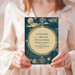 Himmlisch Blaue und Golg Tarotkarten-Hochzeit Einladung