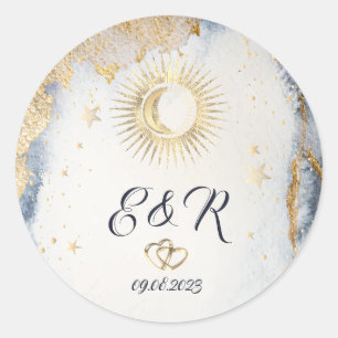 Himmlisch Gold Sonne, Mond, Sterne Aquarell Runder Aufkleber