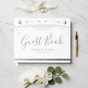 Himmlisch Weiß Silber Sonne Mond Sterne Hochzeit Gästebuch