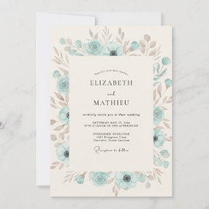Himmlische Aqua-Taupe-Blüten-Hochzeit Einladung