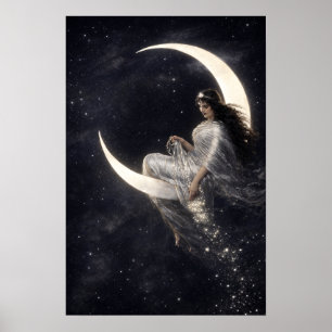Himmlische Art Nouveau Frau auf zunehmendem Mond Poster