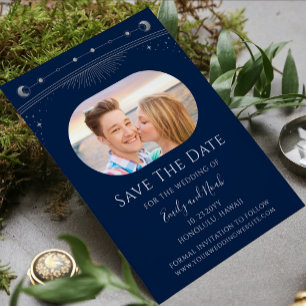 Himmlische Blaue Silber Sonne Mond Hochzeitsfoto Save The Date