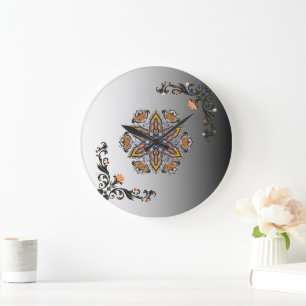Himmlische Blüte Schwarzes Gold Mandala Große Wanduhr