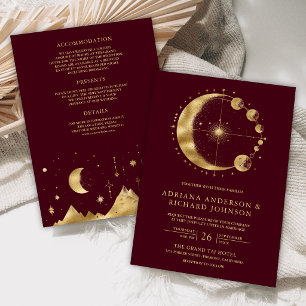 Himmlische Burgunder-Gold-Halbmond-Hochzeit Einladung