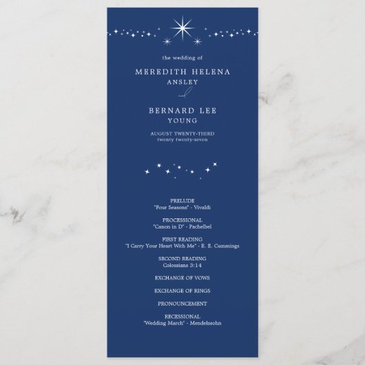 Himmlische Elegante Sterne Navy Blau Hochzeit Flat Programm (Vorderseite)