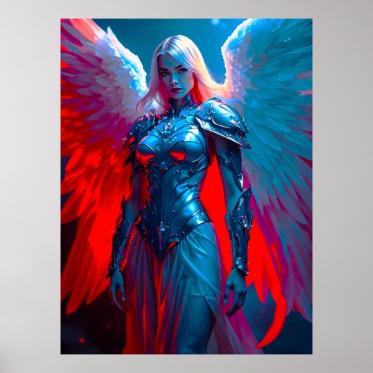 Himmlische Engelsschönheit in silberner Rüstung Poster (Vorne)