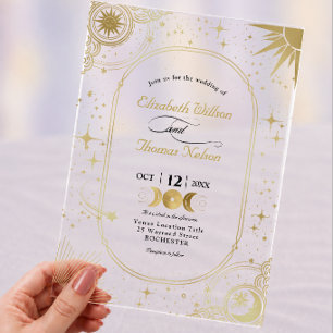 Himmlische Faux-Gold-Sonne-Mond-Hochzeit Acryleinladungen