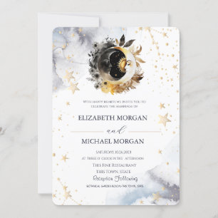 Himmlische Goldsonne, Mond, Sterne Blumen Hochzeit Einladung
