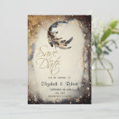 Himmlische Goldsterne Mond Feder Save The Date (Stehend Vorderseite)
