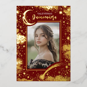 Himmlische Goldsterne Mondnacht Quinceanera Foto Folieneinladung