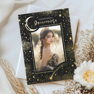 Himmlische Goldsterne Mondnacht Quinceanera-Foto Folieneinladung