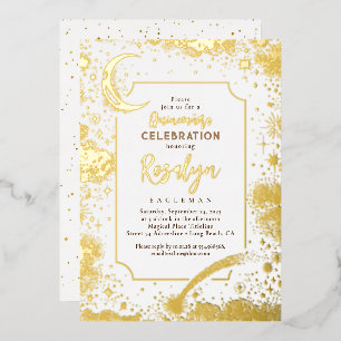 Himmlische Goldsterne und Mondnacht Quinceanera Folieneinladung