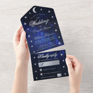 Himmlische Hochzeit  Elegante Blaue Silber Sterne  All In One Einladung