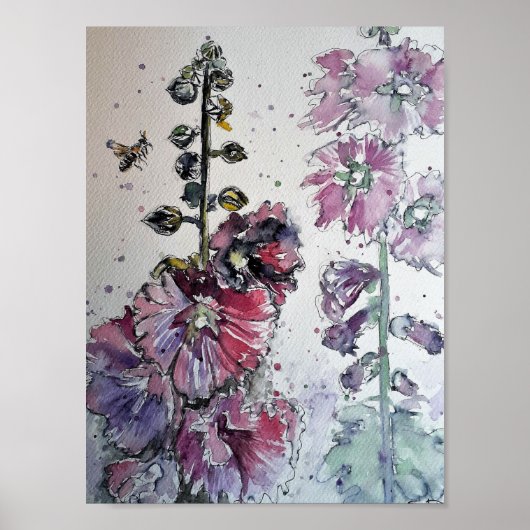 Himmlische Hollyhocks Aquarellbilder drucken Poster (Vorne)