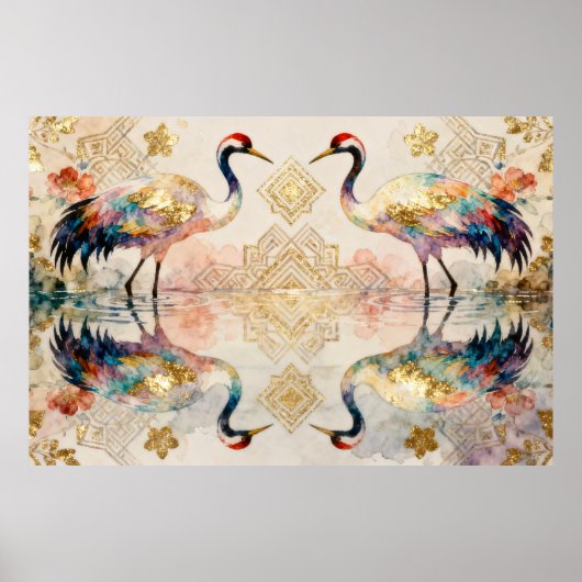 Himmlische Kraniche in Harmonie - Wasserfarben  Poster (Vorne)