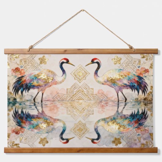 Himmlische Kraniche in Harmonie - Wasserfarben Wandteppich Mit Holzrahmen (Vorne)