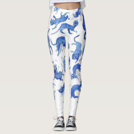 Himmlische Ming-Katzen Blau Weiße Chinoiserie Legg Leggings