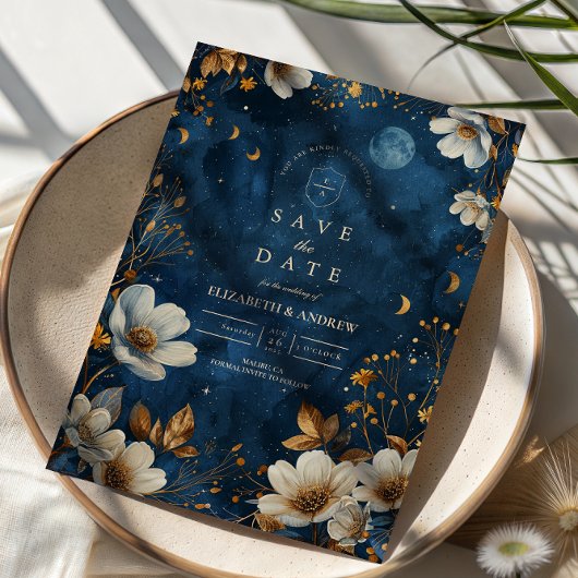 Himmlische Mitternachts-Blumenhochzeit Save The Date