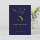 Himmlische Mitternachtsblaue Goldene Halbmond-Hoch Save The Date (Stehend Vorderseite)