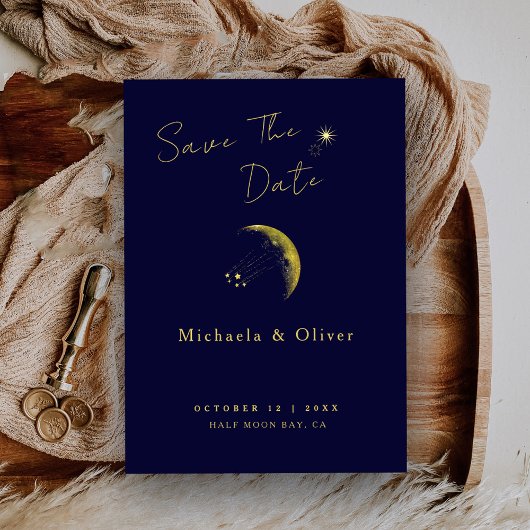 Himmlische Mitternachtsblaue Goldene Halbmond-Hoch Save The Date