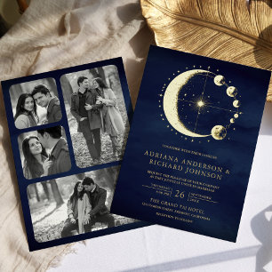 Himmlische Mondphasen Blau Hochzeit Gold Folieneinladung