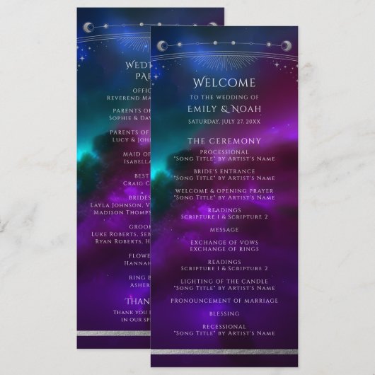 Himmlische Purpur-Teal-Silber-Hochzeit Programm (Vorne/Hinten)