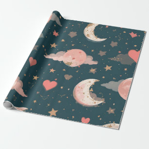 Himmlische Romanze Träumender Mond & Sterne Valent Geschenkpapier
