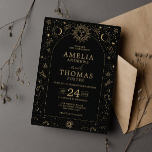Himmlische Schwarz-Gold-Sonne-und-Mond-Hochzeit Einladung
