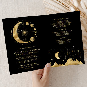 Himmlische schwarze Goldene Halbmondphasen Hochzei Einladung