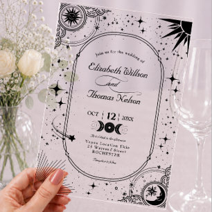 Himmlische schwarze Sonne Mond Acryl-Hochzeit Acryleinladungen