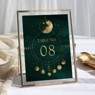 Himmlische Smaragd Gold Mondphasen Hochzeit Tischnummer