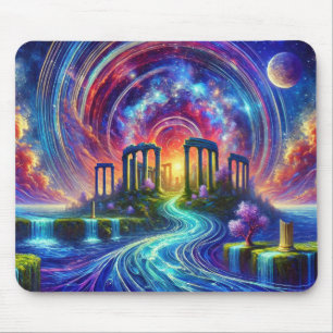 Himmlische Tempelruinen mit fließendem kosmischen Mousepad