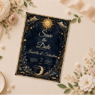 Himmlische Vintage-Sonne Mond-Hochzeit Save The Date